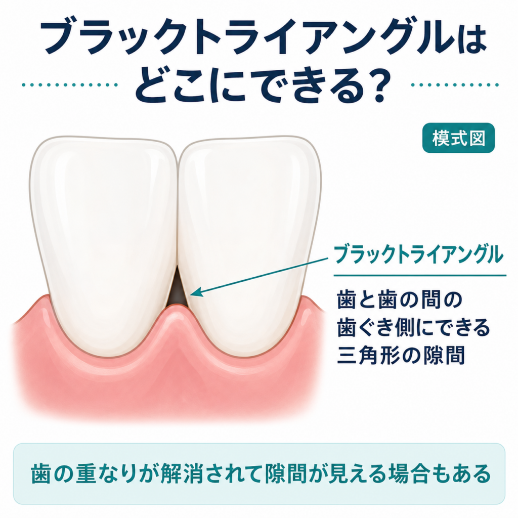 歯と歯の間の歯ぐき側にできる三角形の隙間は「ブラックトライアングル」と呼ばれます