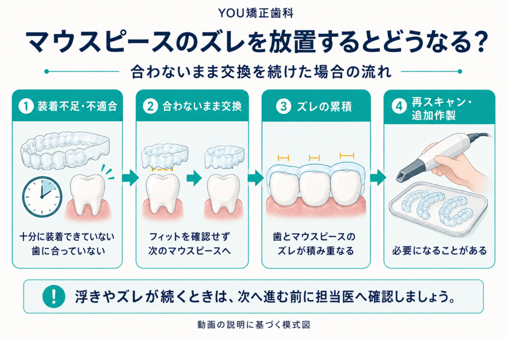 マウスピースの装着不足や不適合を放置して交換すると、ズレが積み重なり追加の調整が必要になることを示す模式図